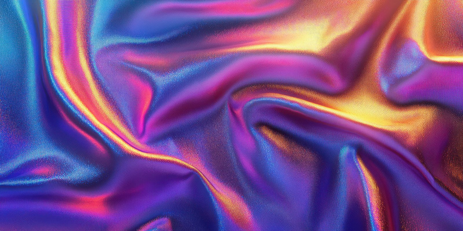 Colorful silk fabric with vibrant waves of purple, blue, and orange hues illuminated by soft light